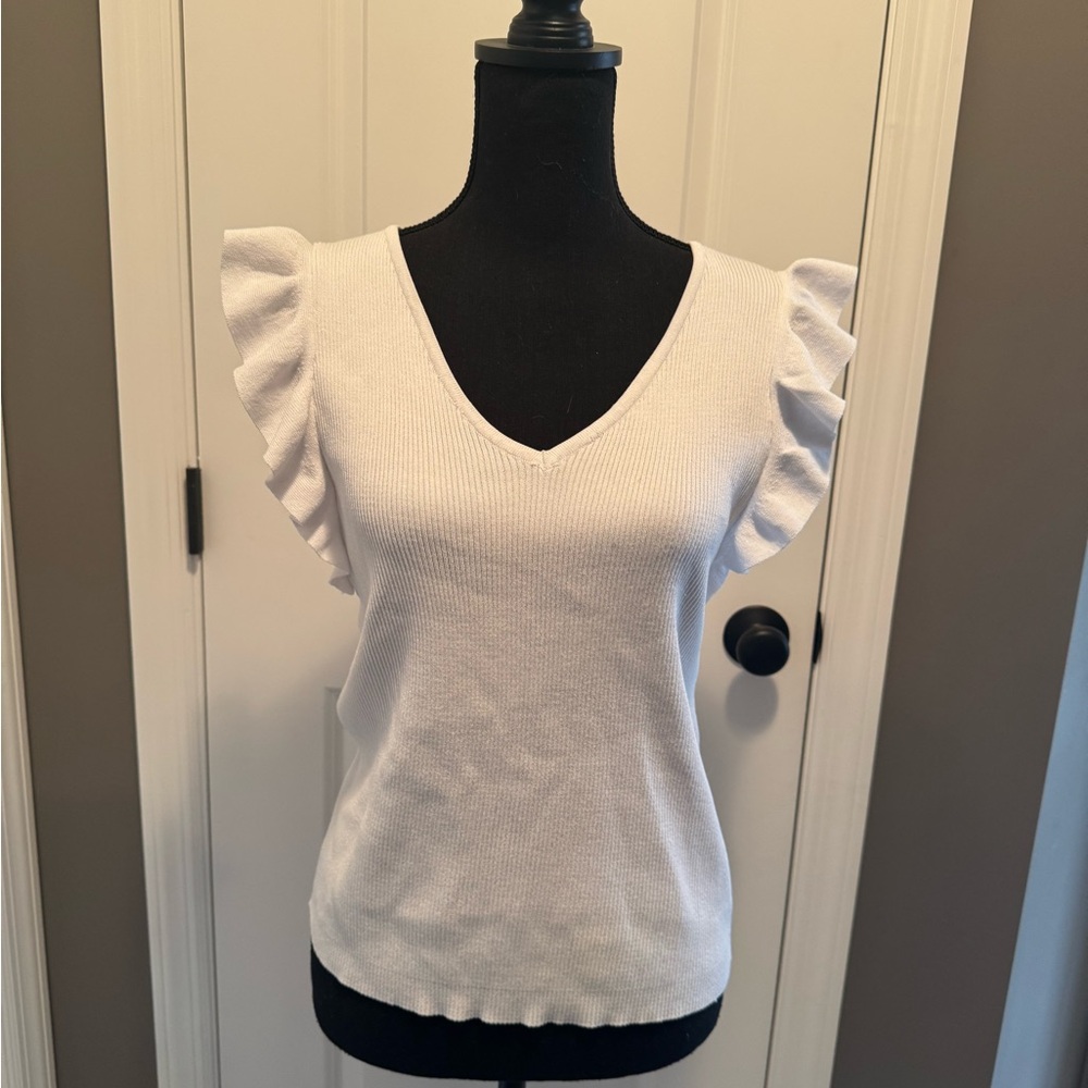 Vila Milano Women's White V-Neck Ruffle Sleeve Knit Neutral Tank Top Size L